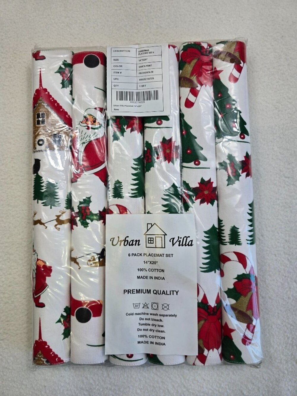 NEW Urban Villa 19" X 29" 6 Pack Christmas Placemat Set 100% Cotton Santa